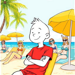 A hand-drawn cartoon style illustration featuring a white character wearing a vibrant red T-shirt, relaxing on a sunny beach