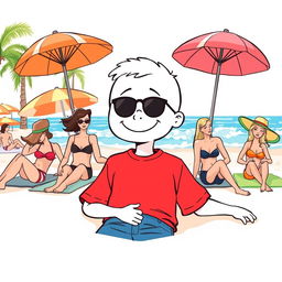A hand-drawn cartoon style illustration featuring a white character wearing a vibrant red T-shirt, relaxing on a sunny beach