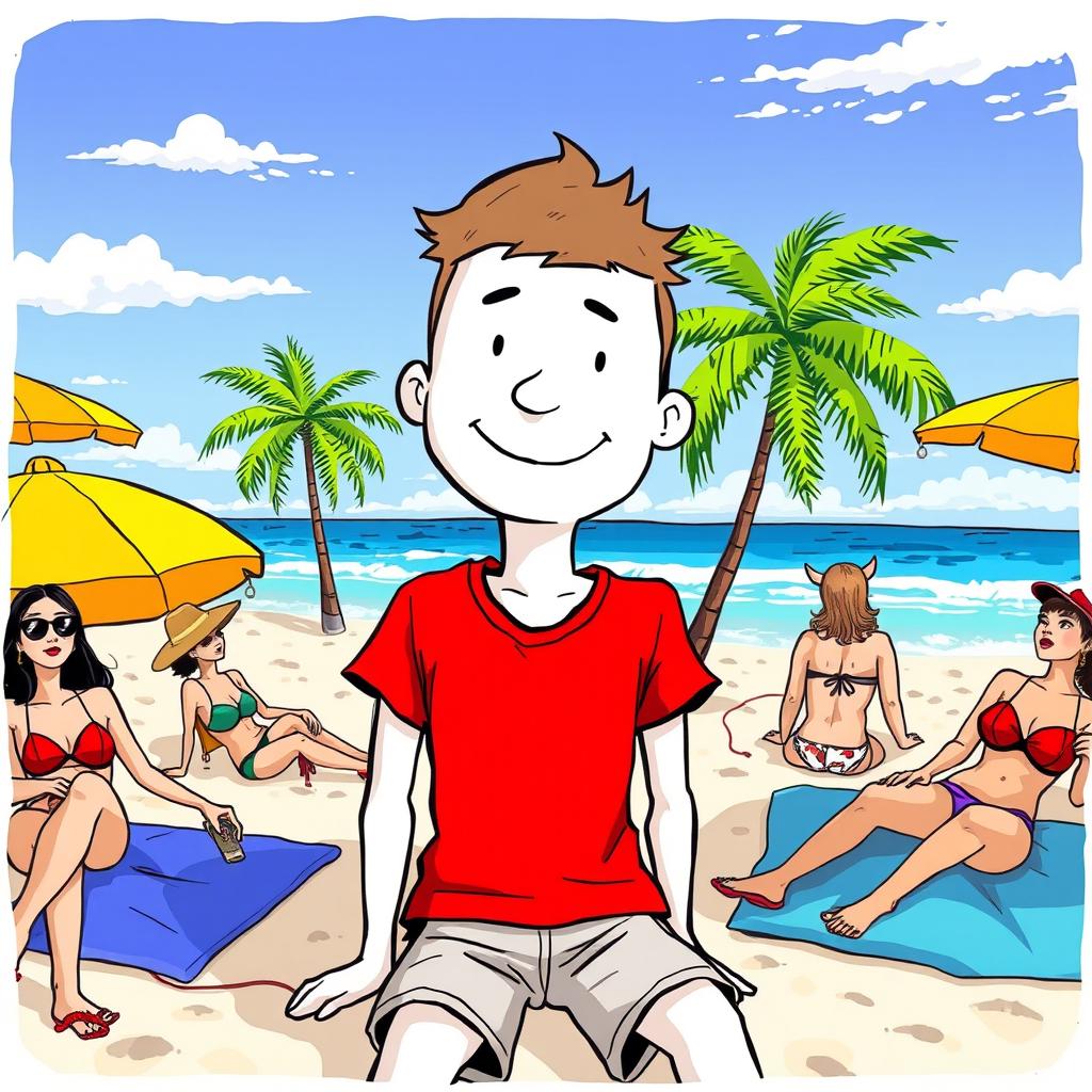 A hand-drawn cartoon style illustration featuring a white character wearing a vibrant red T-shirt, relaxing on a sunny beach