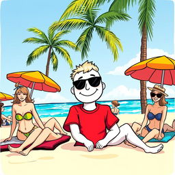 A hand-drawn cartoon style illustration featuring a white character wearing a vibrant red T-shirt, relaxing on a sunny beach
