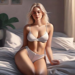 A high-quality, realistic digital painting showcases a blonde Instagram model lounging on a bed