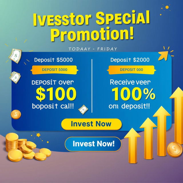 A visually appealing promotional banner for an investment platform, highlighting special offers for customers on deposit days: today and Friday