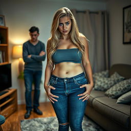 In a cozy apartment setting, a distressed girlfriend stands with tears streaming down her face