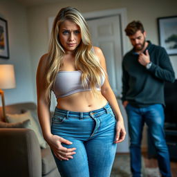 In a cozy apartment setting, a distressed girlfriend stands with tears streaming down her face