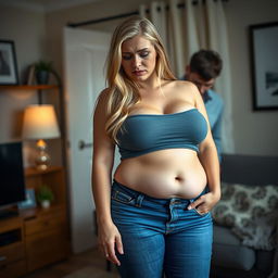 In a cozy apartment setting, a distressed girlfriend stands with tears streaming down her face