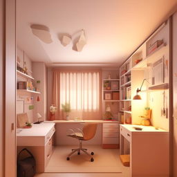 Design a student's room within a 12*20 space, including affordable yet cool and spacious features like a compact study area, comfortable sleeping area, clever storage solutions, and a generally cozy atmosphere.