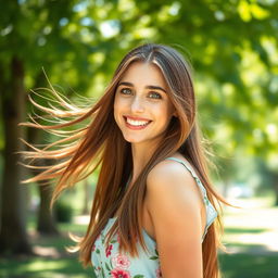 A stunning portrait of a confident young woman with a captivating smile, featuring flowing long brown hair and bright green eyes