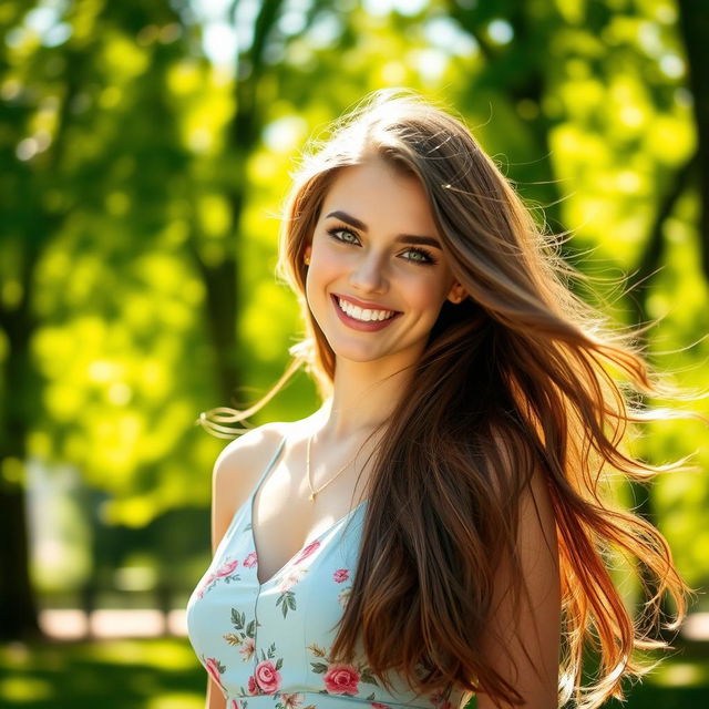 A stunning portrait of a confident young woman with a captivating smile, featuring flowing long brown hair and bright green eyes