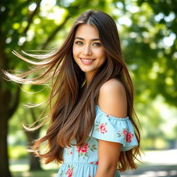 A stunning portrait of a confident young woman with a captivating smile, featuring flowing long brown hair and bright green eyes