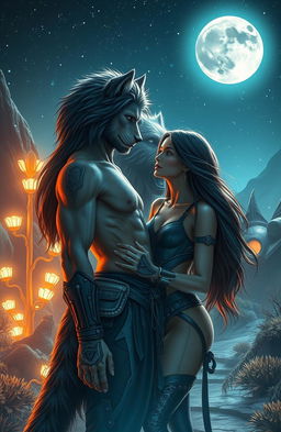 A captivating science fiction scene featuring a human woman destined to be with a werewolf