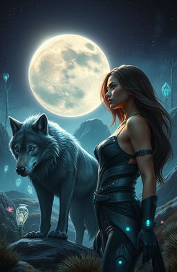 A captivating science fiction scene featuring a human woman destined to be with a werewolf