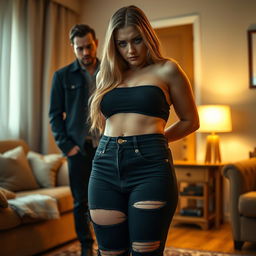 In a cozy apartment setting, a distressed girlfriend stands as her boyfriend looks upset