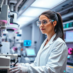 A female biomedical engineer working in a high-tech laboratory, wearing a white lab coat and safety goggles