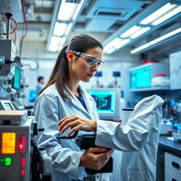 A female biomedical engineer working in a high-tech laboratory, wearing a white lab coat and safety goggles