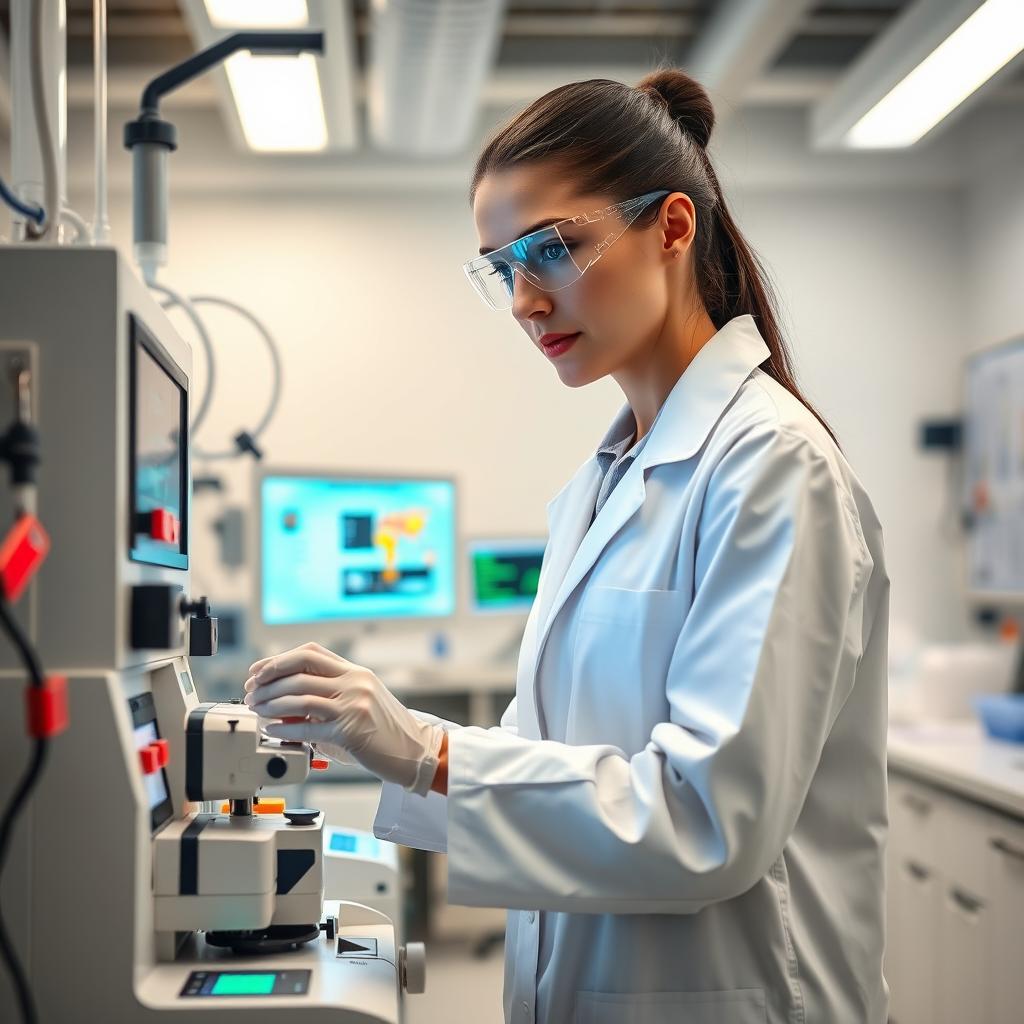 A female biomedical engineer working in a high-tech laboratory, wearing a white lab coat and safety goggles