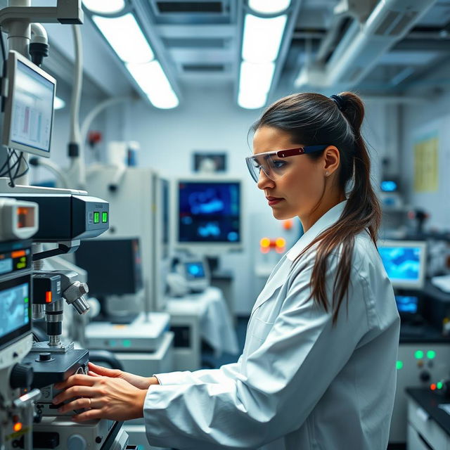 A female biomedical engineer working in a high-tech laboratory, wearing a white lab coat and safety goggles