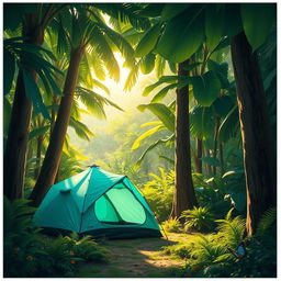 A vivid and detailed depiction of a blue-green camping tent nestled in a lush jungle environment