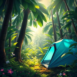 A vivid and detailed depiction of a blue-green camping tent nestled in a lush jungle environment