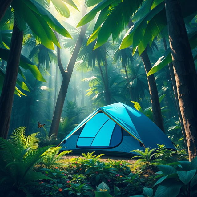 A vivid and detailed depiction of a blue-green camping tent nestled in a lush jungle environment