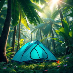 A vivid and detailed depiction of a blue-green camping tent nestled in a lush jungle environment