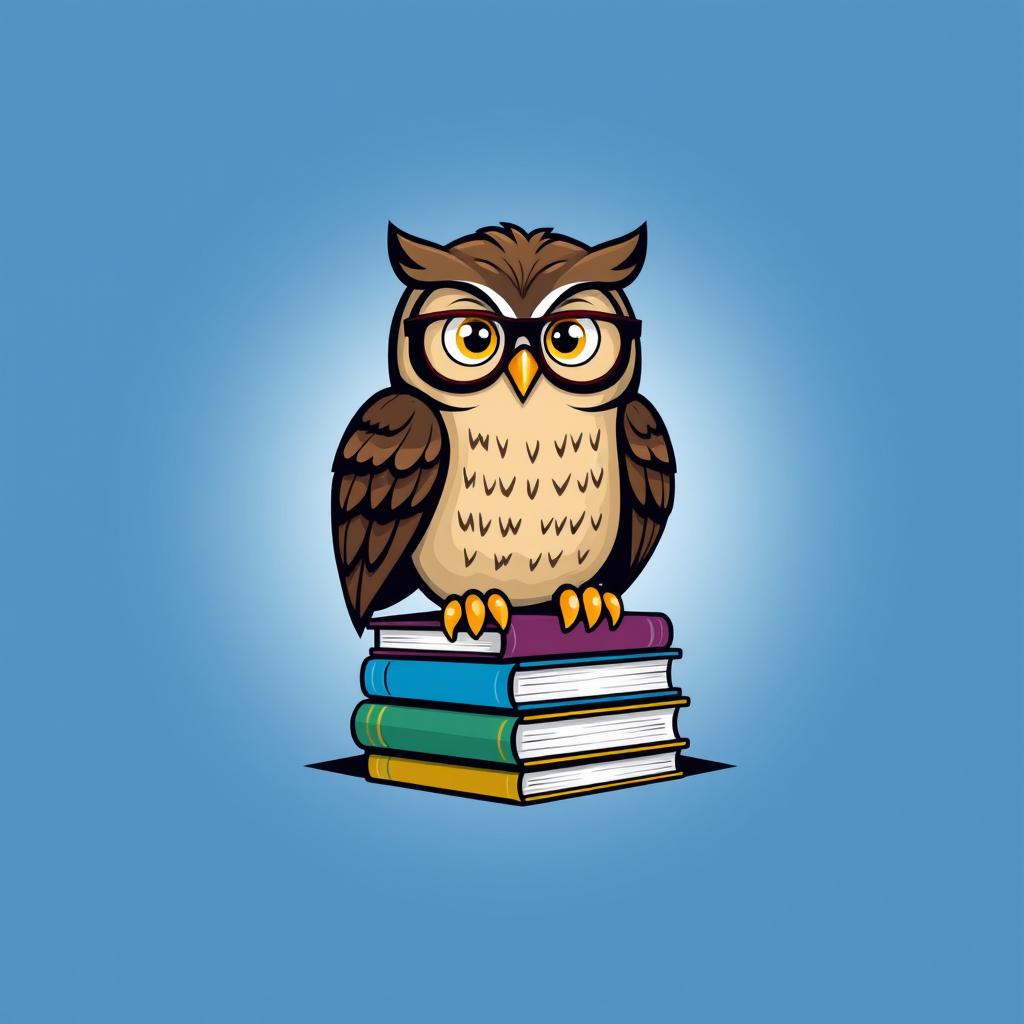 A clever owl wearing glasses and sitting on a pile of books, symbolizing wisdom and learning