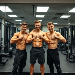 Three young men posing confidently in front of a large mirror, all shirtless