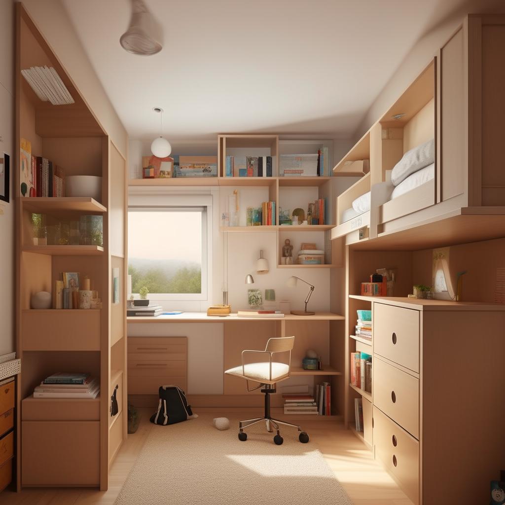 Design a student's room within a 12*20 space, including affordable yet cool and spacious features like a compact study area, comfortable sleeping area, clever storage solutions, and a generally cozy atmosphere.