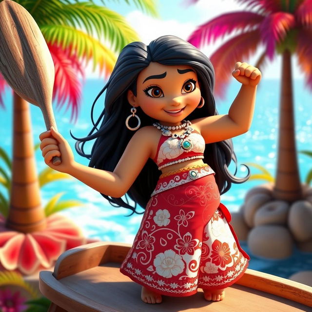 A captivating 3D illustration of Moana in a playful inflated style, featuring her with bright, exaggerated proportions