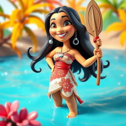 A captivating 3D illustration of Moana in a playful inflated style, featuring her with bright, exaggerated proportions