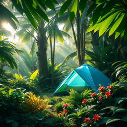 A vibrant depiction of a blue-green camping tent set amidst a dense jungle environment