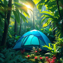 A vibrant depiction of a blue-green camping tent set amidst a dense jungle environment