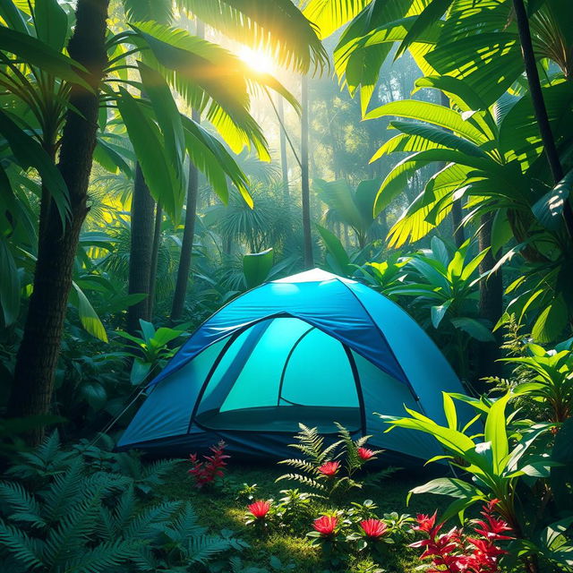 A vibrant depiction of a blue-green camping tent set amidst a dense jungle environment