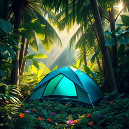 A vibrant depiction of a blue-green camping tent set amidst a dense jungle environment