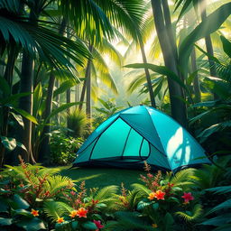 A vibrant depiction of a blue-green camping tent set amidst a dense jungle environment