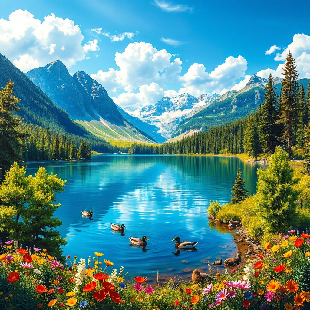 A breathtaking landscape painting showcasing the beauty of nature, featuring a serene lake surrounded by majestic mountains under a clear blue sky