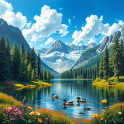 A breathtaking landscape painting showcasing the beauty of nature, featuring a serene lake surrounded by majestic mountains under a clear blue sky