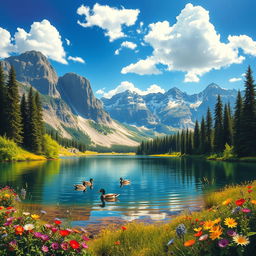 A breathtaking landscape painting showcasing the beauty of nature, featuring a serene lake surrounded by majestic mountains under a clear blue sky