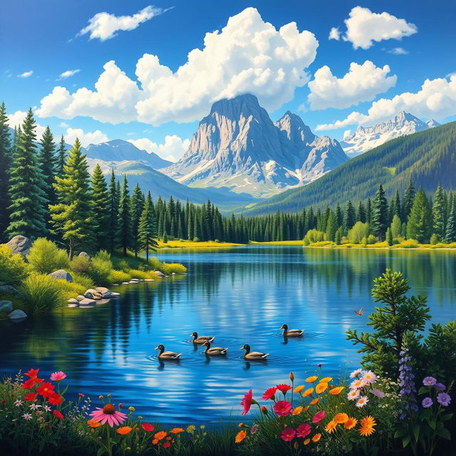 A breathtaking landscape painting showcasing the beauty of nature, featuring a serene lake surrounded by majestic mountains under a clear blue sky