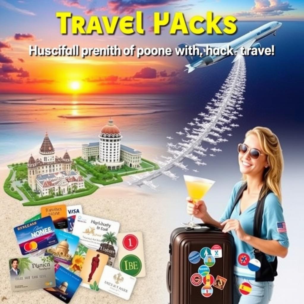 A visually appealing collage showcasing various travel hacks to utilize points for flights and accommodations