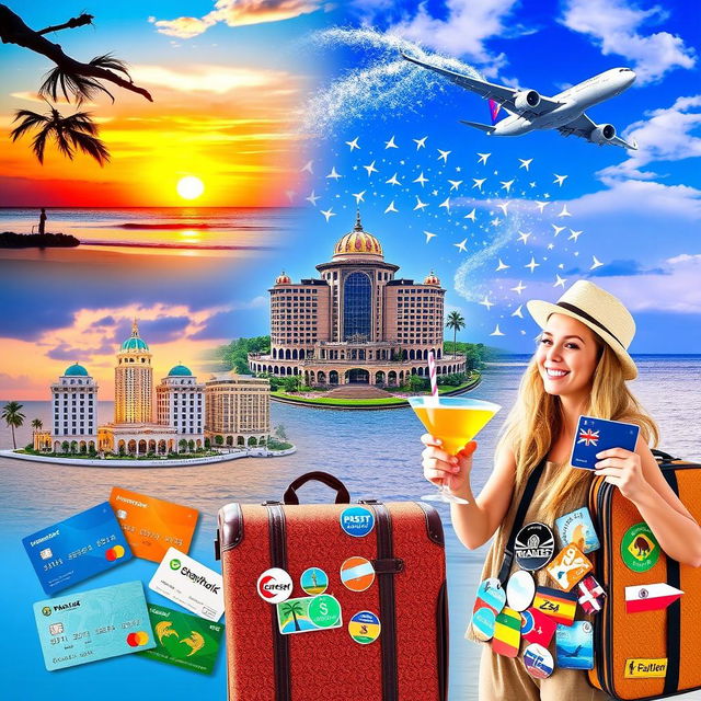 A visually appealing collage showcasing various travel hacks to utilize points for flights and accommodations