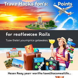 A visually appealing collage showcasing various travel hacks to utilize points for flights and accommodations