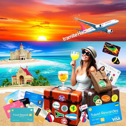 A visually appealing collage showcasing various travel hacks to utilize points for flights and accommodations