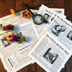A beautiful arrangement of vintage newspaper sheets spread out on a rustic wooden table, showcasing intricate old headlines and black-and-white images, surrounded by a few colorful dried flowers and an antique magnifying glass resting on top, creating a cozy and nostalgic atmosphere