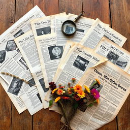 A beautiful arrangement of vintage newspaper sheets spread out on a rustic wooden table, showcasing intricate old headlines and black-and-white images, surrounded by a few colorful dried flowers and an antique magnifying glass resting on top, creating a cozy and nostalgic atmosphere