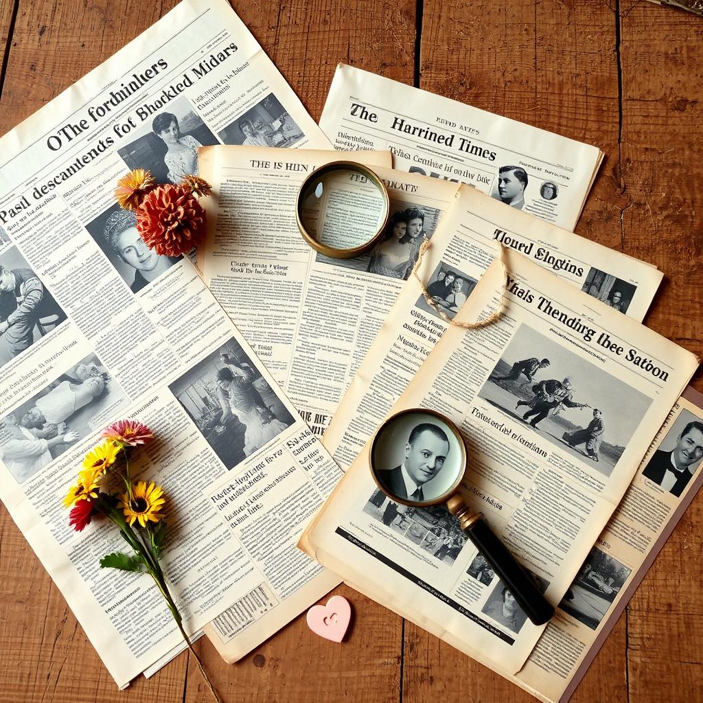 A beautiful arrangement of vintage newspaper sheets spread out on a rustic wooden table, showcasing intricate old headlines and black-and-white images, surrounded by a few colorful dried flowers and an antique magnifying glass resting on top, creating a cozy and nostalgic atmosphere