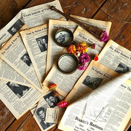 A beautiful arrangement of vintage newspaper sheets spread out on a rustic wooden table, showcasing intricate old headlines and black-and-white images, surrounded by a few colorful dried flowers and an antique magnifying glass resting on top, creating a cozy and nostalgic atmosphere