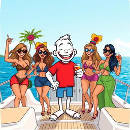 A whimsical cartoon scene depicting a cheerful white character wearing a vibrant red T-shirt, enjoying a lively alcohol party on a luxurious yacht