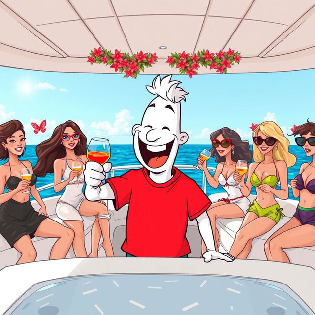 A whimsical cartoon scene depicting a cheerful white character wearing a vibrant red T-shirt, enjoying a lively alcohol party on a luxurious yacht