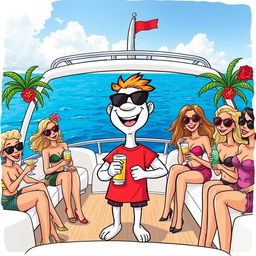 A whimsical cartoon scene depicting a cheerful white character wearing a vibrant red T-shirt, enjoying a lively alcohol party on a luxurious yacht