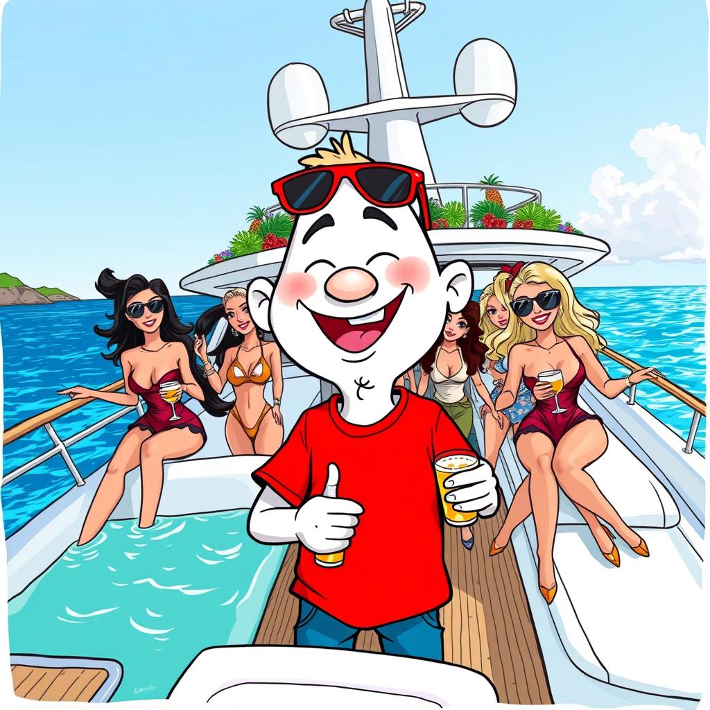 A whimsical cartoon scene depicting a cheerful white character wearing a vibrant red T-shirt, enjoying a lively alcohol party on a luxurious yacht